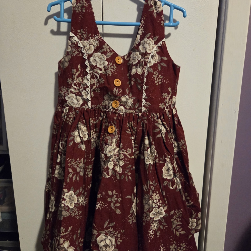 Floral Burgundy Kids Dress with Buttons